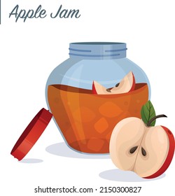 Apple jam in jar. Apple confiture. Vector food illustration in cartoon flat style. Vector illustration
