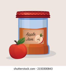 Apple jam in jar. Apple confiture. Vector food illustration in cartoon flat style. Vector illustration