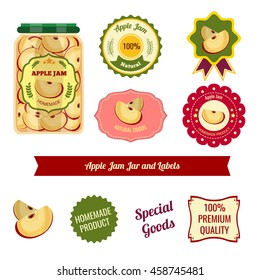 Apple jam jar and labels for homemade natural products of premium quality with stars isolated vector illustration 