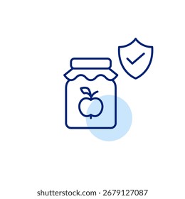 Apfelkonfitüre, Schild und Häkchen. Lebensmittelsicherheit, zertifizierte Qualität, Bio-Lieferanten. Pixel perfekt, bearbeitbares Strichvektorsymbol