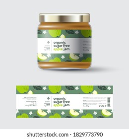 Apple Jam label and packaging. Jar with cap with label. White strip with text and on seamless pattern with fruits, flowers and leaves.