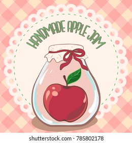 Apple jam label. Printable jar label template for package design, logo, menu, decor, card, print, web, logo, sticker. Handmade red apple jam jar on lace doily label and gingham tablecloth. Vector, eps