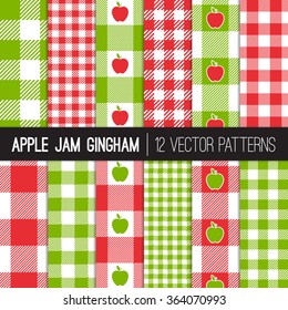 Apple Jam Red and Green Gingham Plaid and Buffalo Check Vector Patterns. Red, Green, White Pixel Gingham Patterns. Food Packaging Backgrounds. Vector EPS File Pattern Swatches made with Global Colors.