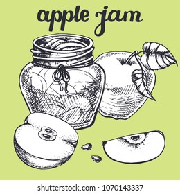 Apple; jam sketch.Vector hand drawn vintage fruits, lettering, vegetarian food illustration. Retro style. Organic background
