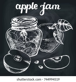 Apple; jam sketch.Vector hand drawn vintage fruits, lettering, vegetarian food illustration. Retro style. Organic Chalkboard background