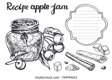 Apple; jam sketch.Vector hand drawn vintage fruits, lettering, vegetarian food illustration. Retro style. Organic background