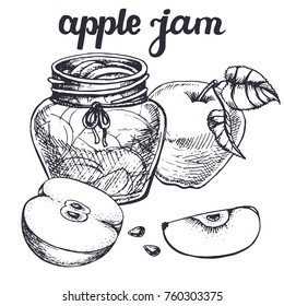 Apple; jam sketch.Vector hand drawn vintage fruits, lettering, vegetarian food illustration. Retro style. Organic background