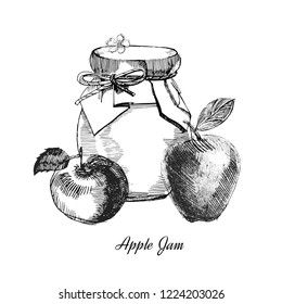 Apple jam.Hand drawn illustration. Ink sketch of canning apples, isolated on white background.