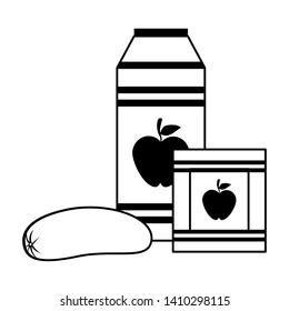 Apple juice bottle and box drinks with sausage vector illustration graphic design