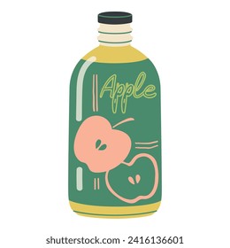 Apple juice in bottle. Cold summer drink, apple nectar, or soda beverage. Glass bottle of summer refreshment. Healthy organic fruity water. Flat vector illustration isolated on white background.