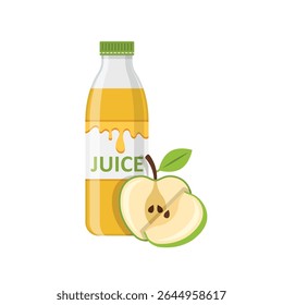 Apple juice in bottle icon in flat style. Fresh fruit drink vector illustration on isolated background. Healthy food sign business concept.