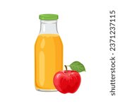 Apple juice in bottle and red apple isolated on white background. Vector cartoon illustration of fresh fruit drink.