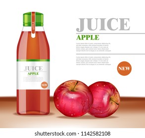 Apple juice bottle Vector realistic illustration. Product packaging mock up. Label design template