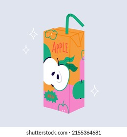 Apple juice box. Fresh drink in paper package with plastic pipe. Fruit water with sugar. Pop art vector illustration. Kawaii japanese cartoon style in pastel colors. All items isolated svg