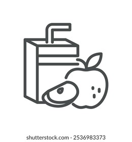 Apple Juice Box Icon. Simple Line Illustration of a Juice Box with Apple, Representing Children Beverages and Healthy Organic Drinks.