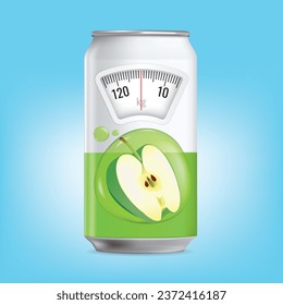 Apple juice can with a weight scale. Diet concept. Vector.