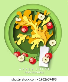 Apple juice carton pack mockup, fresh fruit, liquid splashes and drops. Vector illustration in paper art style. Natural apple fruit juice ads template.