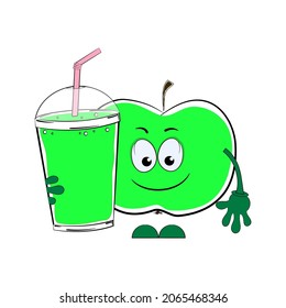 Apple juice and a cartoon green apple. Vector illustration on a white background.