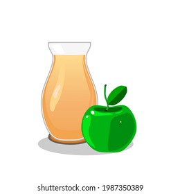 Apple juice in a clear glass with a green apple on the side.Isolated vector illustration on a white background.