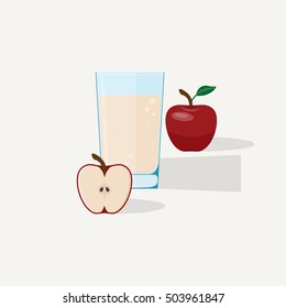 Apple juice flat illustration. Half and whole red apple with glass of juice.