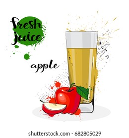 Apple Juice Fresh Hand Drawn Watercolor Vegetable And Glass On White Background Vector Illustration