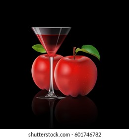 Apple juice and fresh apple isolated on back background, vector illustration.