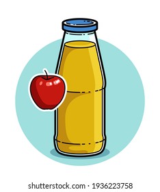 Apple juice in a glass bottle isolated on white background vector illustration, cartoon style logo or badge for pure fresh juice, diet food beverage delicious and healthy. 