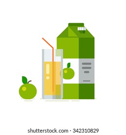 Apple juice in glass. Carton box. Vector illustration. Flat design style