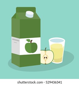 Apple juice in glass. Carton box. Vector illustration. Flat design style