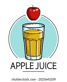 Apple juice in a glass isolated on white background vector illustration, cartoon style logo or badge for pure fresh juice, diet food beverage delicious and healthy. 