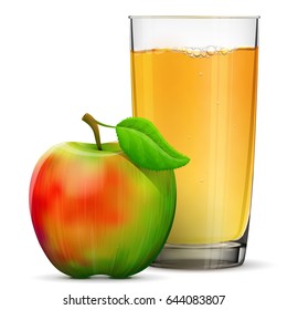 Apple juice in glass isolated on white background. Whole apple fruit with fresh cider cup