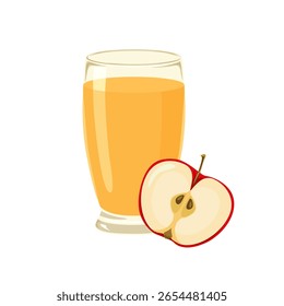 Apple juice in glass and slice of apple. Fresh fruit drink icon. Vector cartoon flat illustration.