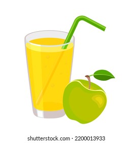 Jugo de manzana en un vaso con tubo para beber. Icono de bebida fresca ecológica saludable. La fruta del jardín. Ilustración vectorial de estilo plano aislada en blanco. Tomar vitaminas naturales.