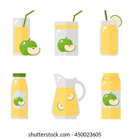 Apple juice isolated icons on white background. Apple juice bottle, glass, pack set. Flat style vector illustration.