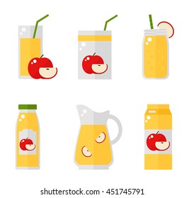 Apple juice isolated icons on white background. Apple juice bottle, glass, pack set. Flat style vector illustration.