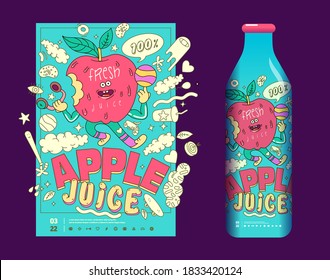 Apple juice label bottle layout and poster. Vector illustration.