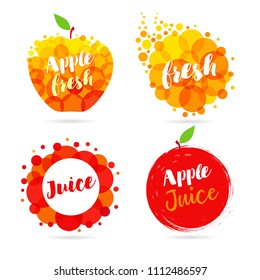 Apple juice label splash set design. Yellow and red drops bubbly logo on white background. Mango, pineapple and papaya juice design, creative vector illustration Apple juice label splash set design. Yellow and red drops bubbly logo on white background. Mango, pineapple and papaya juice design, creative vector illustration