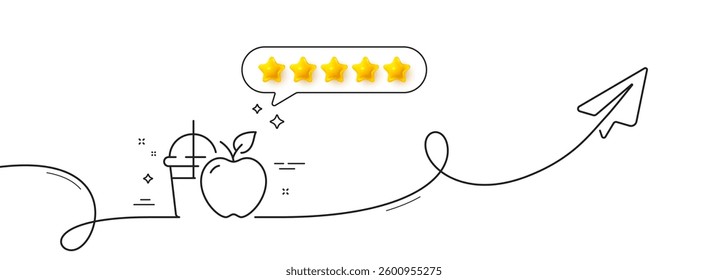 Apple juice line icon. Continuous line with share plane. Fresh fruit drink sign. Natural beverage symbol. Five star rate review in speech bubble. Juice single line ribbon. Loop curve pattern. Vector