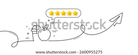 Apple juice line icon. Continuous line with share plane. Fresh fruit drink sign. Natural beverage symbol. Five star rate review in speech bubble. Juice single line ribbon. Loop curve pattern. Vector