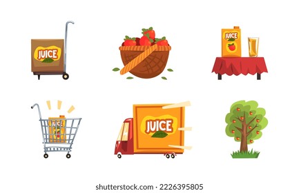 Apple juice manufacture process set. Harvesting, packaging and delivery to shop vector illustration