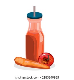 Apple juice mixed with carrot juice in a clear jar with a lid.There is a hole for plugging the tube on top.There are apples and carrots on the side.Isolated vector illustration on a white background.
