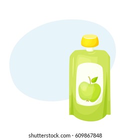 Apple juice pack. Fruit purees. Healthy snack in packaging. Baby food. 