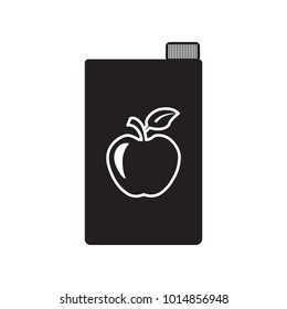 Apple juice pack icon with drawing of apple. Juice package. Vector. Black icon on white background. Flat style illustration.