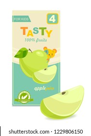 Apple Juice Package For Baby. Cute Kids Design Of Label. Vector