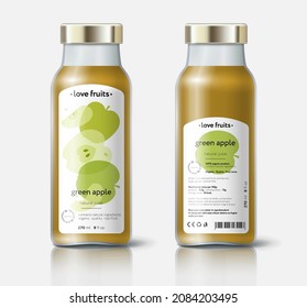 Apfelsaftverpackung. Schöne Transparenz ganz und geschnitten Früchte. Flaschenetikett mit Etiketten für Gesicht und Rücken. 