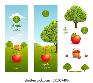 Apple juice packaging design template with design elements on a white background.