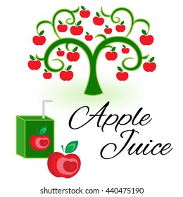 Apple juice packaging design template with elements on a white background. Box and glass with drinking straw sign