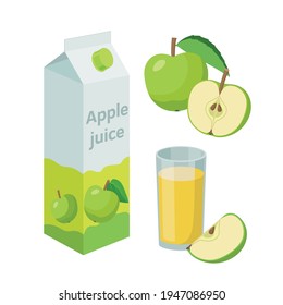 Apple juice in packaging and fresh whole and halved apples, glass of apple juice. Vector illustration in flat design. Apple drink.