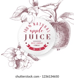 Apple juice paper emblem over hand drawn monochrome apple branch. Vector illustration