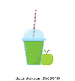 Apple Juice in Plastic Cup with Straw. Apple Fresh Lemonade Illustration. Fresh Ice Fruit Cocktails in Glass with Cap. Isolated Vector.